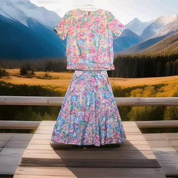Cricket Lane 2 Piece Set Womens 12 Floral Skirt Top Vintage Cottagecore Pastel‎ - Picture 2 of 16